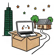 Doodle chibi programmer senyum berkaca air mata, melangkah dari gedung tinggi membawa kardus dan laptop menuju rumah kecil